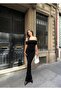Madonna Collar Long Black Dress with Low Back