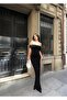 Madonna Collar Long Black Dress with Low Back - 2