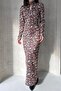 Women's Stand Collar Cut Out Detail Leopard Pattern Long Dress Coffee - 4