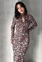 Women's Stand Collar Cut Out Detail Leopard Pattern Long Dress Coffee - 2