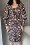 Women's U Neck Balloon Long Sleeve Leopard Print Short Dress Coffee - 5