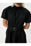 Balloon Sleeve Long Flared Dress with Ruffles, Draped High Collar, Belt Detail, and Pockets - 5