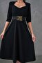 Crepe Fabric Window Collar Midi Length Black Evening Dress with Belt 075 - 8