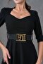 Crepe Fabric Window Collar Midi Length Black Evening Dress with Belt 075 - 5