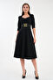 Crepe Fabric Belt Gift Short Sleeve Window Collar Midi Length Black Dress 075 - 8
