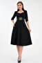 Crepe Fabric Belt Gift Short Sleeve Window Collar Midi Length Black Dress 075 - 6