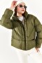 Women's Khaki Stand Collar Short Puffer Jacket - 3