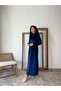 Navy Blue Long Velvet Dress - 4