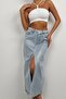 Women's Leaf Printed Slit Maxi Denim Blue Skirt 23w02028 - 4