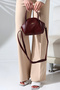 Burgundy Small Size Women's Gold-Buckled Zipper and Snap-Detail Crisscross-Strap Shoulder and Hand Bag Elegant - 4