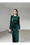 Side Slit Padded Drape Detail Velvet Dress Emerald Green