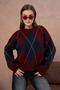 Women's Argyle Patterned Burgundy Navy Blue Crew Neck Sweater