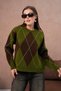 Women's Diamond Patterned Khaki Brown Crew Neck Sweater - 4