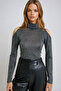Black Glitter Turtleneck Pearl Lighter Shoulder Low-Cut Blouse - Prmx13319 - 2