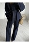 Navy Blue Belted Denim Jacket Pants Set - 2