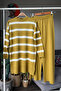 Women's Oil Green Striped Standard Size Knitwear Tunic Sweater-Pants Top-Down Double Set - 4