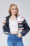 Women's Leather Printed Striped Jacket with Elastic Waist and Sleeves, College Style High Collar Bomber Racer Biker Coat - 5