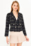 Women's Black-Beige Double-Breasted Collar Tweed Crop Jacket Arm-24K001014 - 5