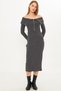 Women's Anthracite Off-Shoulder Front Zip Slit Midi Length Knitwear Dress Arm-25K 001089 - 5