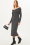 Women's Anthracite Off-Shoulder Front Zip Slit Midi Length Knitwear Dress Arm-25K 001089