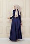 Satin Evening Dress with Flywheel and Sequin Detail, NAVY BLUE 1626 - 4