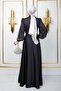 Satin Hijab Evening Dress with Stoned Peas on the Front Black 1670 - 5