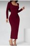Burgundy Square Neck Long Sleeve Lycra Long Dress - 2