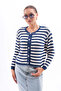Baby Collar Navy Blue Striped Women's Knitwear Cardigan - 5