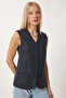 Women's Navy Blue V-Neck Nubuck Vest Fn03387 - 3