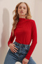 Women's Red High Collar Shoulder Draped Sandy Crop Blouse ALC-X9554 - 2