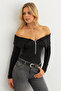 Women's Anthracite Zipper Madonna Collar Blouse Ey2559 - 4