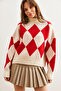 Women's Red Turtleneck Diamond Pattern Oversize Knitwear Sweater Kzk- 19000941