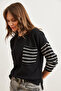 Women's Black Stripe Detailed Mercerized Knitwear Blouse with Pockets Blz- 19002808 - 4