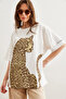 Women's Ecru Leopard Printed Front and Back Printed 2-Yarn Unisex Oversized T-Shirt TSH-19000696