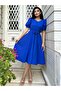 Cobalt Blue Watermelon Sleeve Flared Midi Length Crepe Dress