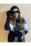 Black and White Checked Shawl and Pompom Beanie and Gloves Set for Valentine's Day - 3-Piece Scarf Shoulder Shawl