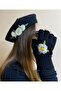 New Year's Gift Handmade Daisy Floral Processing Black Painter Beret with Fingers Cut Out Gloves Set of 2 - 2