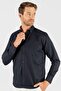 Men's Regular Fit Classic Cut Cotton Oxford Texture Single Pocket Navy Blue Button Lapel Shirt - 2