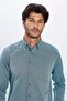 Men's Regular Fit Classic Cut Cotton Oxford Texture Single Pocket Green Button Lapel Shirt - 2