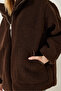 Women's Bitter Brown Leather Stripe Detailed Pocketed Zippered Lined Plush Coat 3125 60261302 - 5