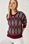 Women's Burgundy Diamond Patterned Shawl Knitwear Sweater 60351320 - 4