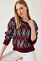 Women's Burgundy Diamond Patterned Shawl Knitwear Sweater 60351320 - 2