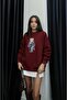 Women's Burgundy Soft Textured Teddy Bear Printed 3 Thread Raised Oversize Sweatshirt - 6