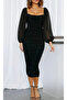 Gathered Design Midi Dress with Tulle Draped Sleeves - 4