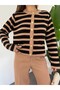 Round Neck Striped Pocket Detailed Cardigan - Tan - 3