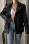 New Season Women's Oversize Pocket Detail Belted Leather Jacket Coat-Black - 3