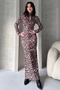 Women's Stand Collar Cut Out Detail Leopard Pattern Long Dress Coffee