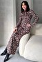 Women's Stand Collar Cut Out Detail Leopard Pattern Long Dress Coffee - 3