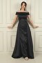 Women's Madonna Neck Front Gathered Lined Satin Long Dress with Cape - 2