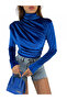 Half-Neck Pleated Front Velvet Blouse - 2